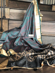 Tussar Silk Banarasi - Black Teal Woven