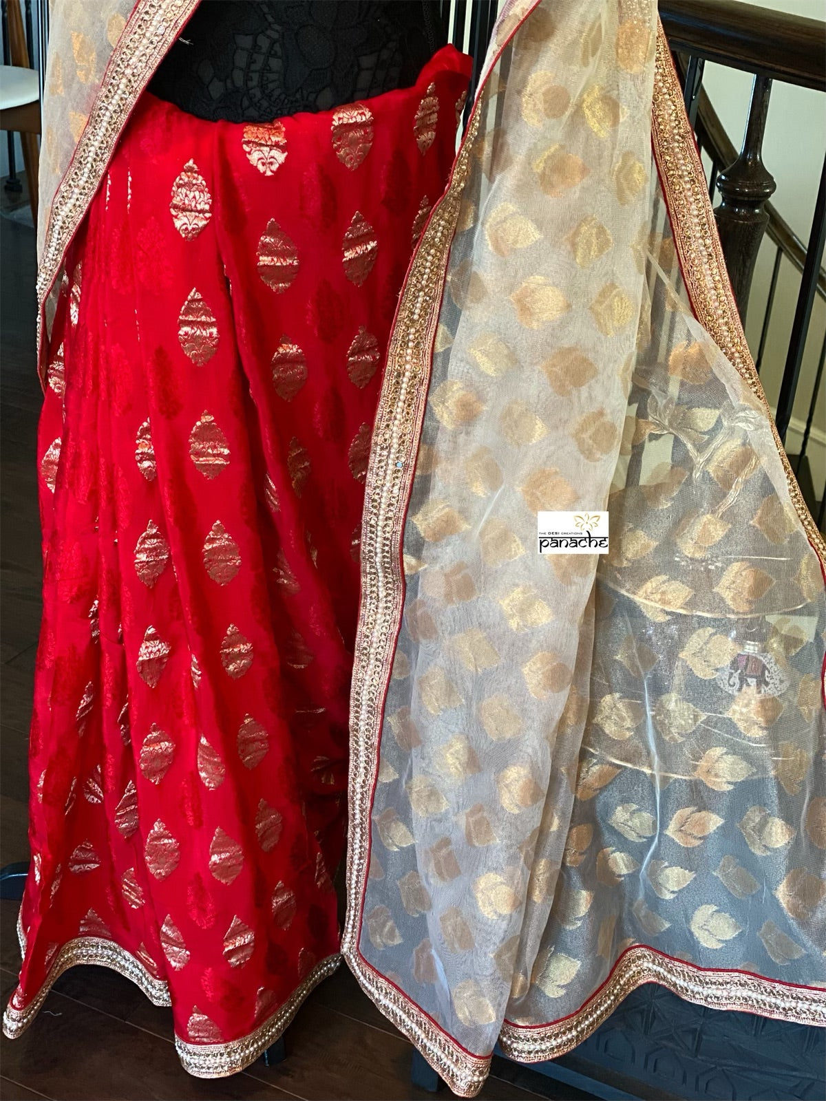 Designer Saree - Golden Tissue Red Soft Silk Half Half