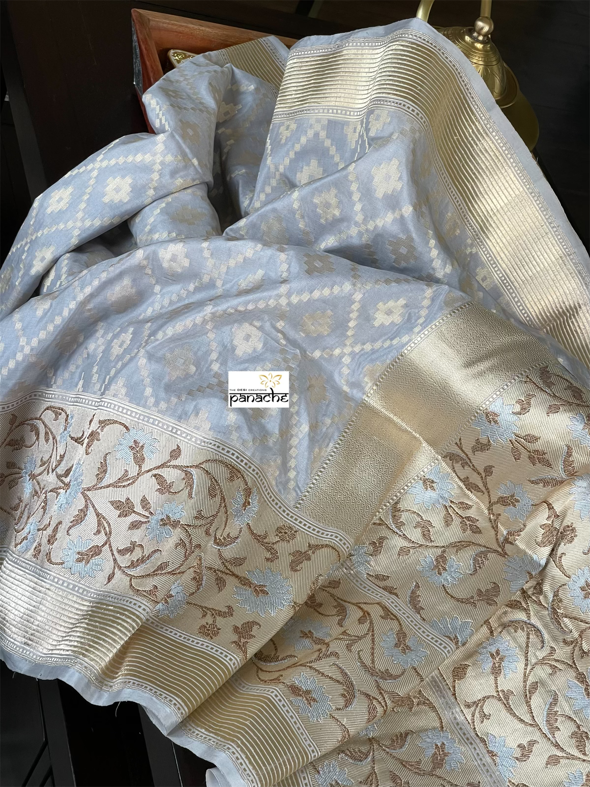 Pure Katan Silk Banarasi - Silver Grey Paithani
