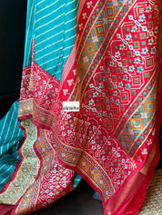 Soft Silk Patola Banarasi - Firozi Blue Red Antique Golden Zari