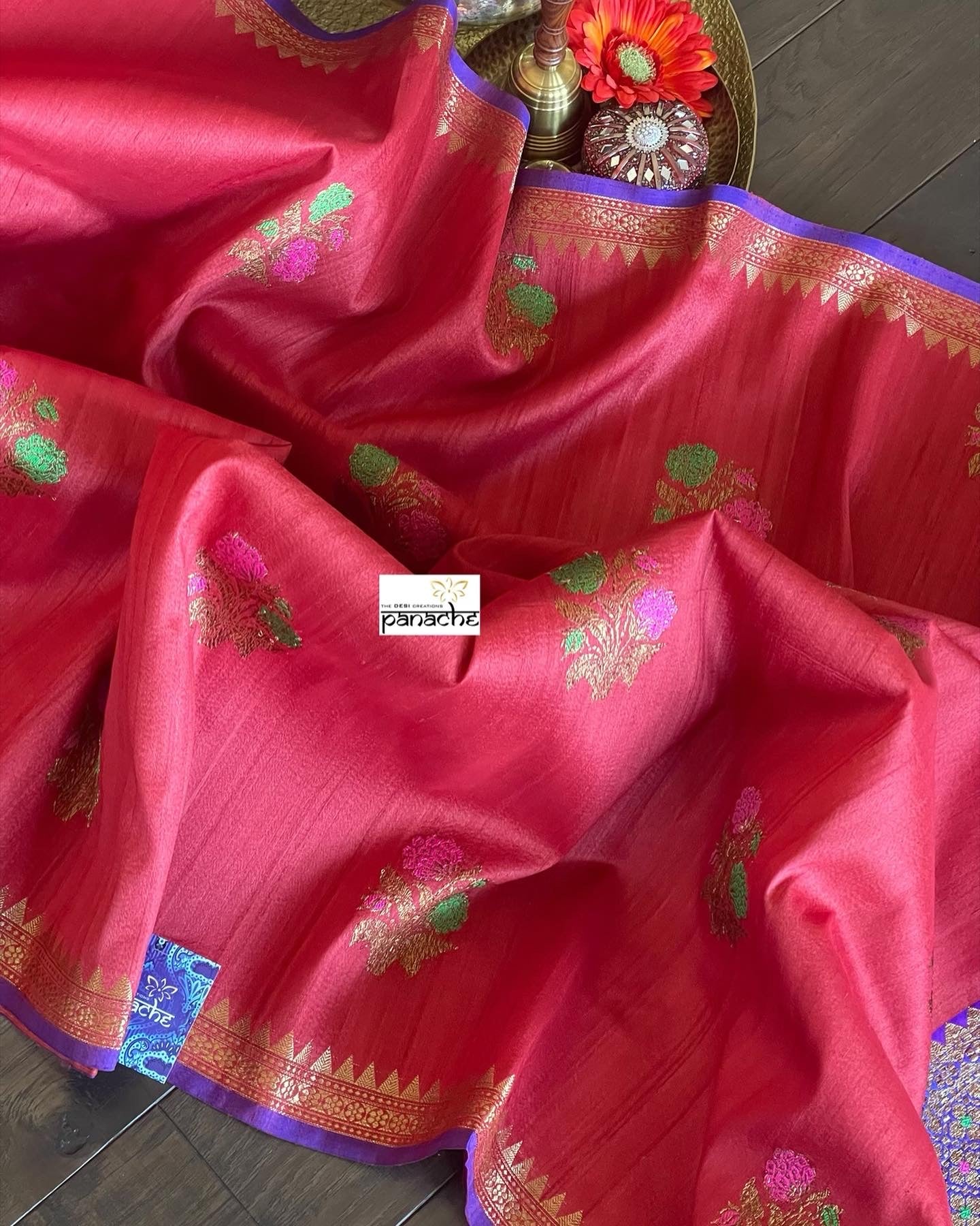 Tussar Silk Banarasi - Red Pink Meenakari