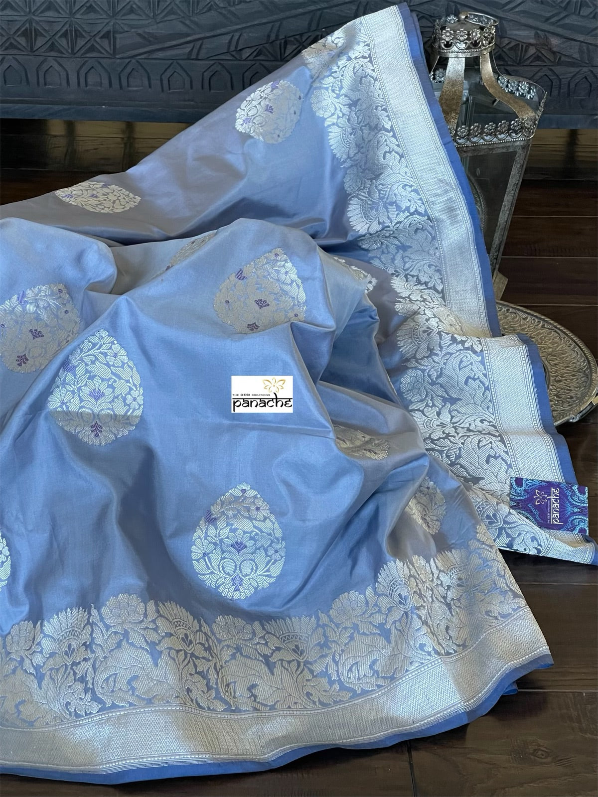 Pure Katan Silk Banarasi - Bluish Grey Meenakari Kadwa