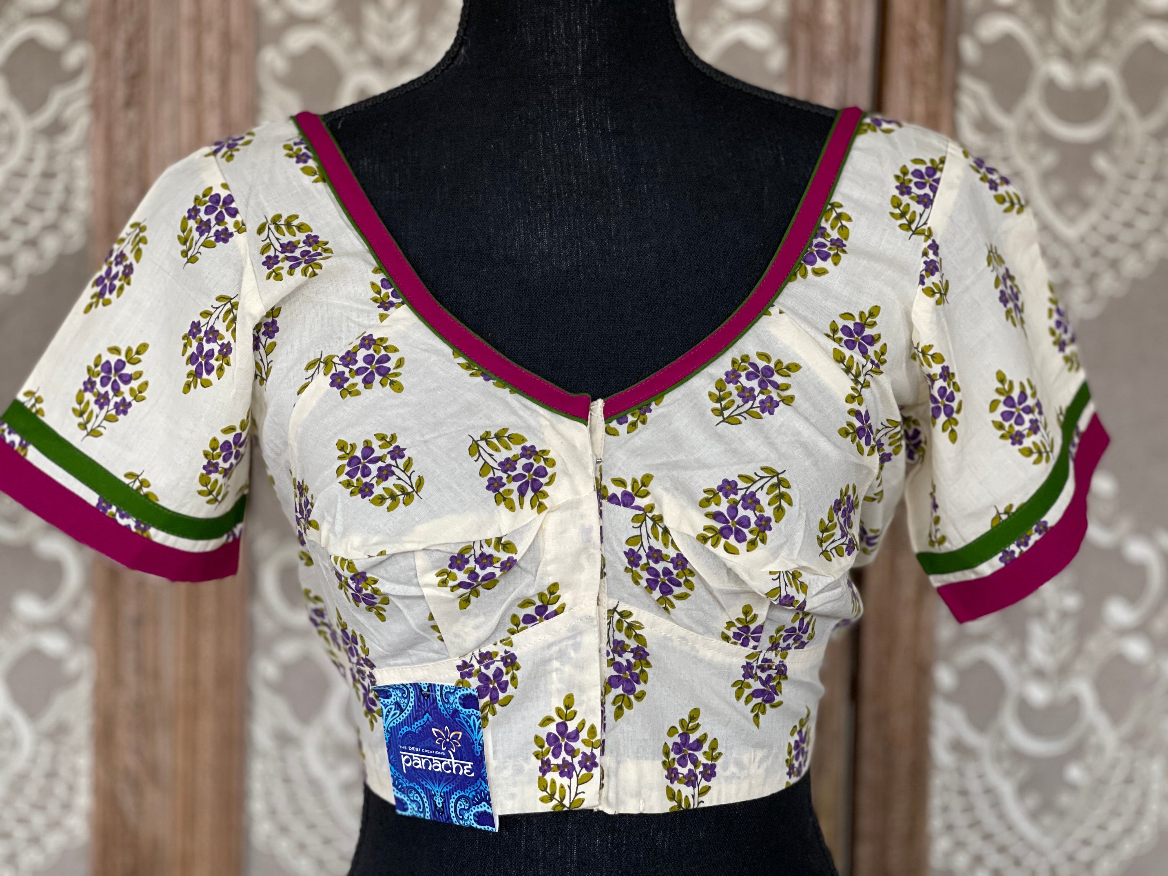 Designer Blouse - Cream Purple Green Floral Design