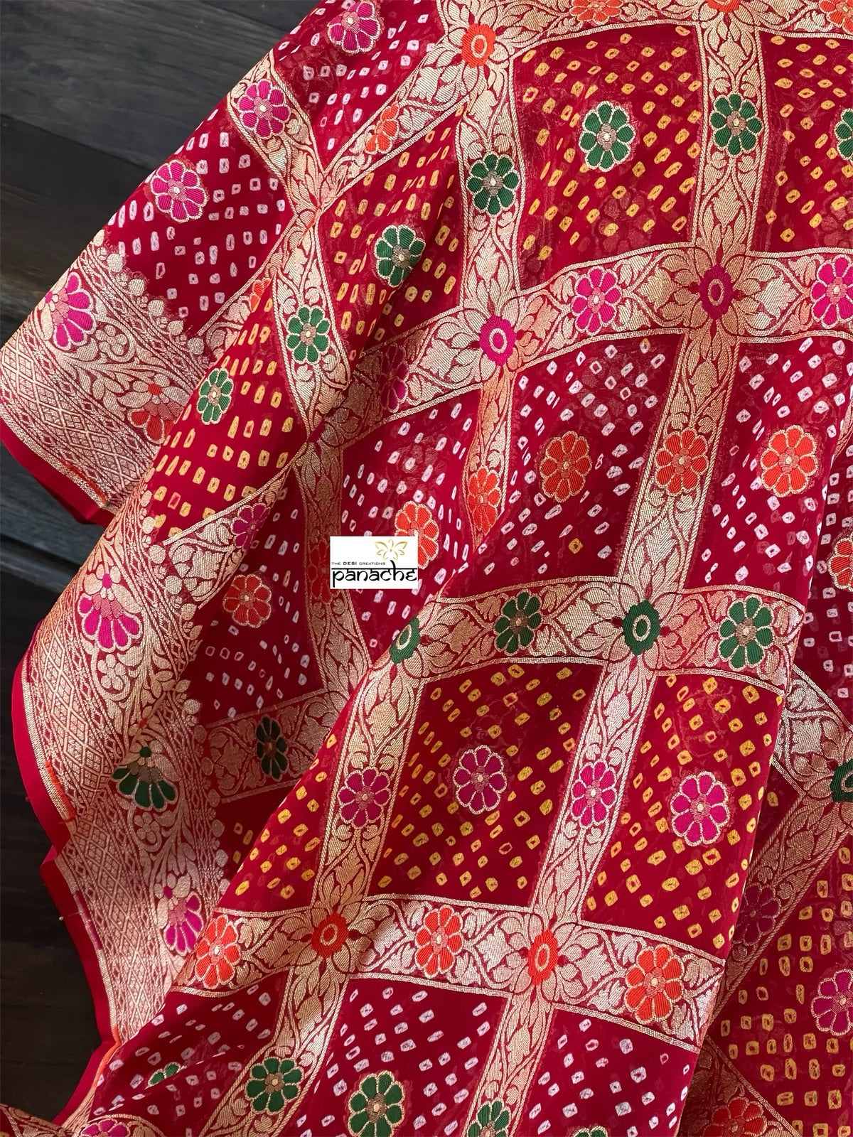 Bandhej Khaddi Georgette Banarasi - Red Gharchola