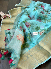 Banarasi Organza Floral - Seagreen Golden Zari Checks