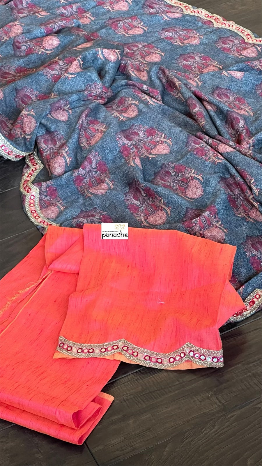 Designer Jute Silk - Grey Orange Printed