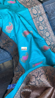 Tussar Silk Banarasi - Firozi Blue Black Meenakari