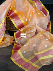 Pure Chanderi Katan Silk - Peach Silver Golden Zari