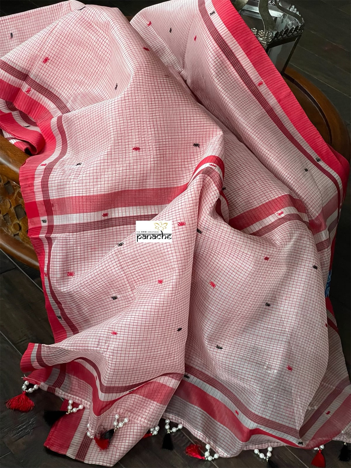 Pure Chanderi Organza Silk - Off White Red Checkered