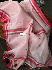 Pure Chanderi Organza Silk - Off White Red Checkered