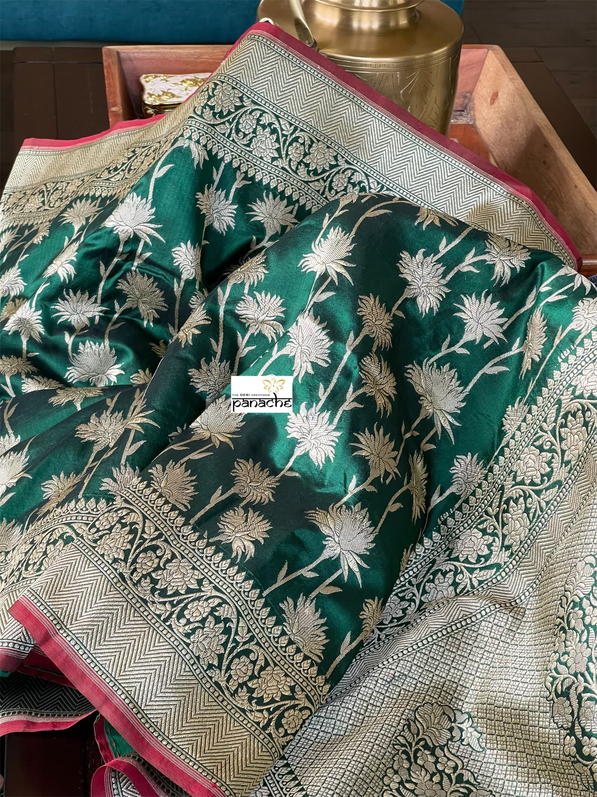 Pure Silk Banarasi - Green Red Antique Golden Zari
