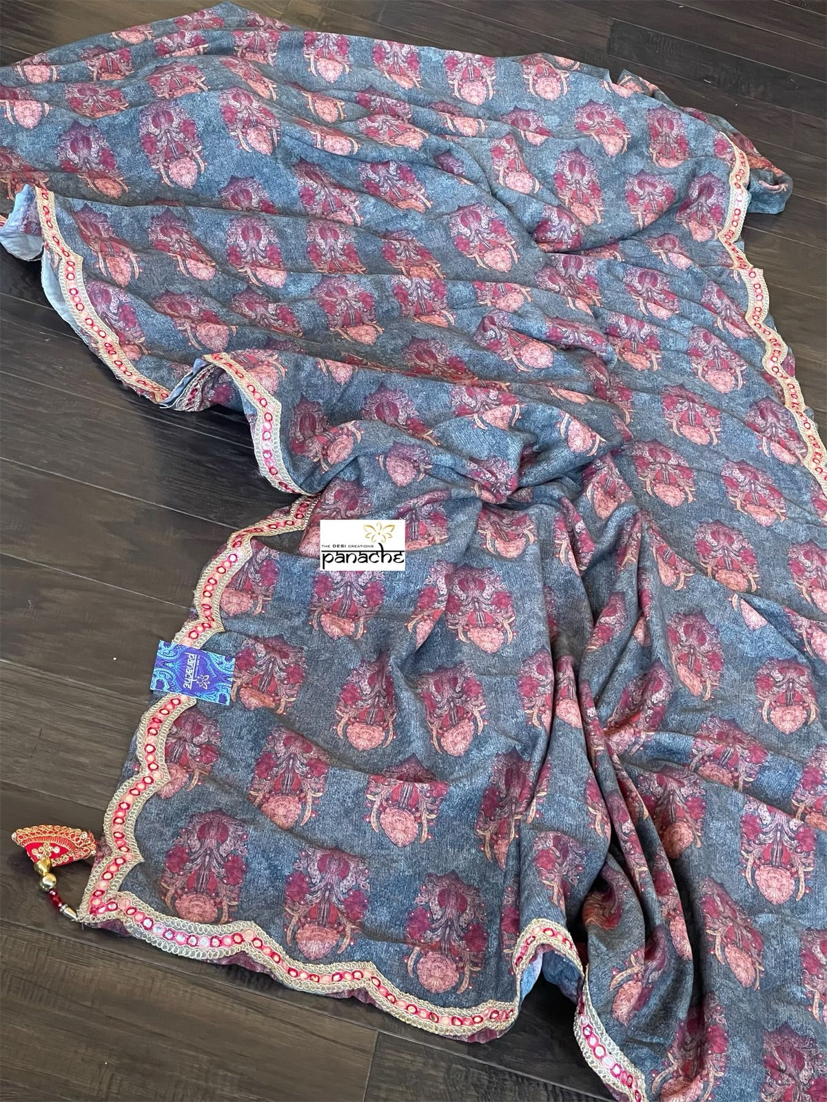 Designer Jute Silk - Grey Orange Printed