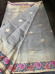 Embroidered Muga Silk - Silver Grey