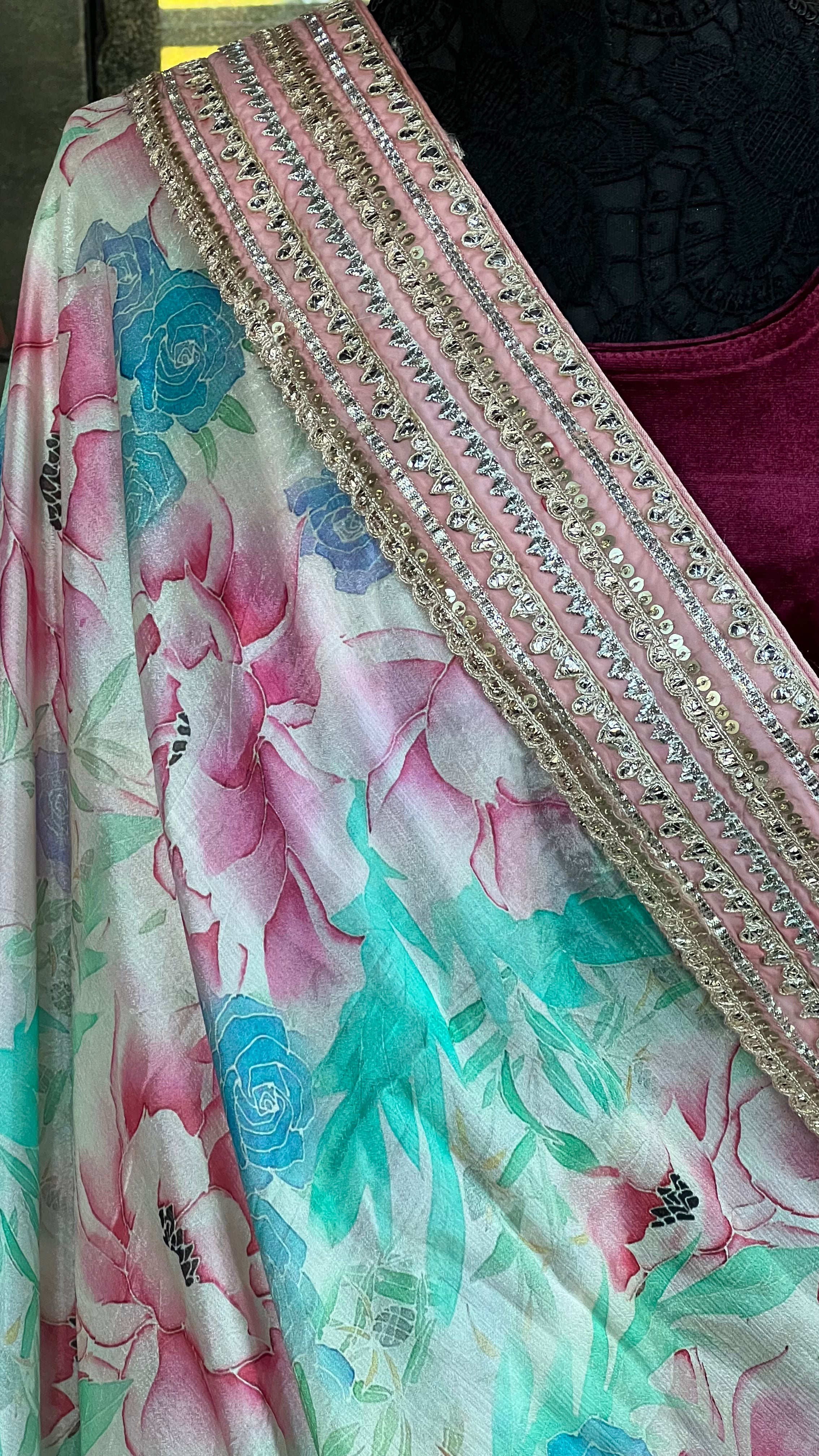 Designer Chiffon  - Pink Sea Green Multi color