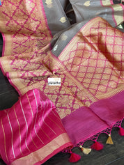Pure Kora by Katan Silk Kadwa Banarasi - Light Grey Mauve Antique Zari
