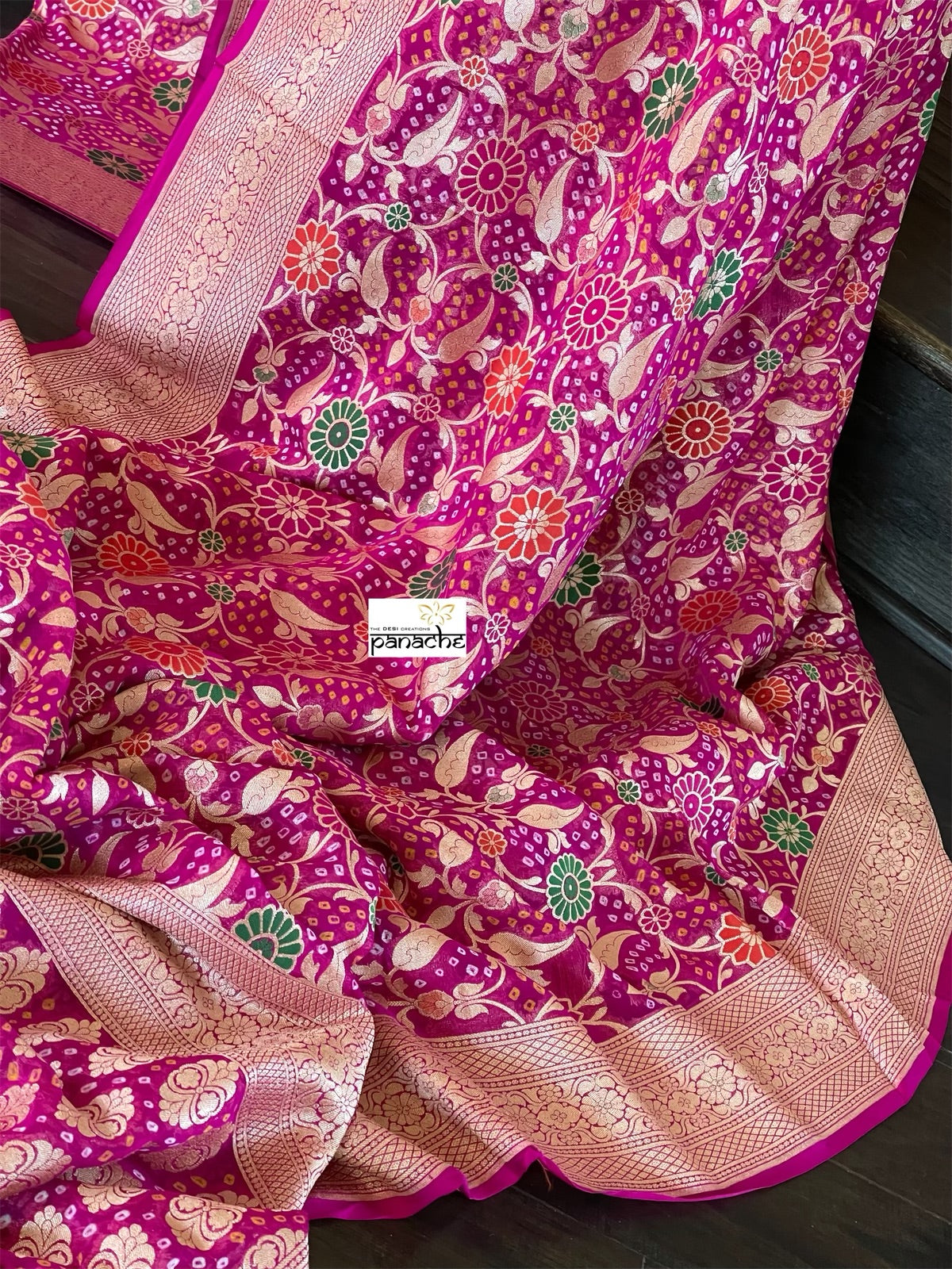 Bandhej Khaddi Georgette Banarasi - Magenta Pink