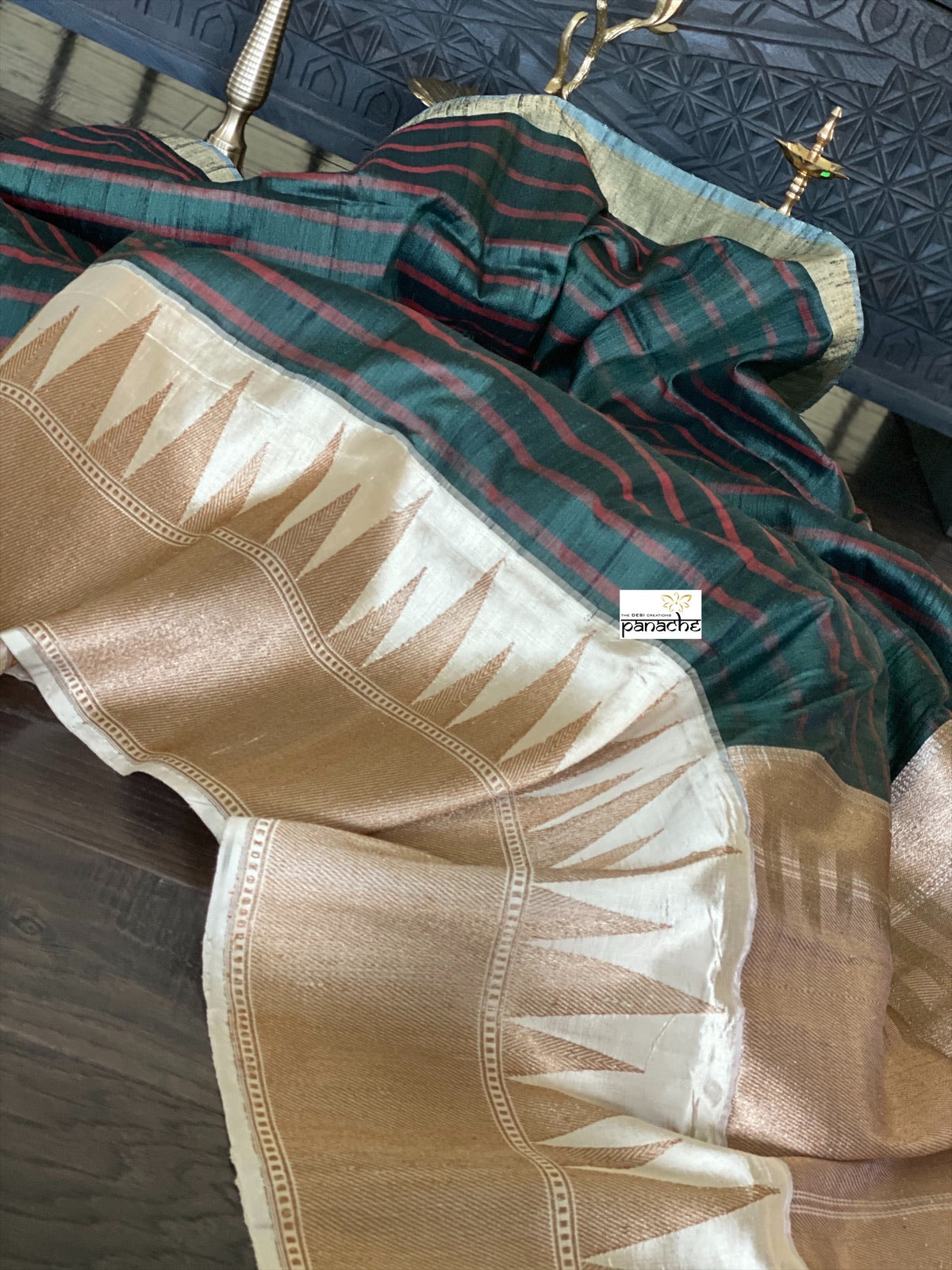 Pure Tassur Silk Banarasi - Dark Black Avocado Green Striped