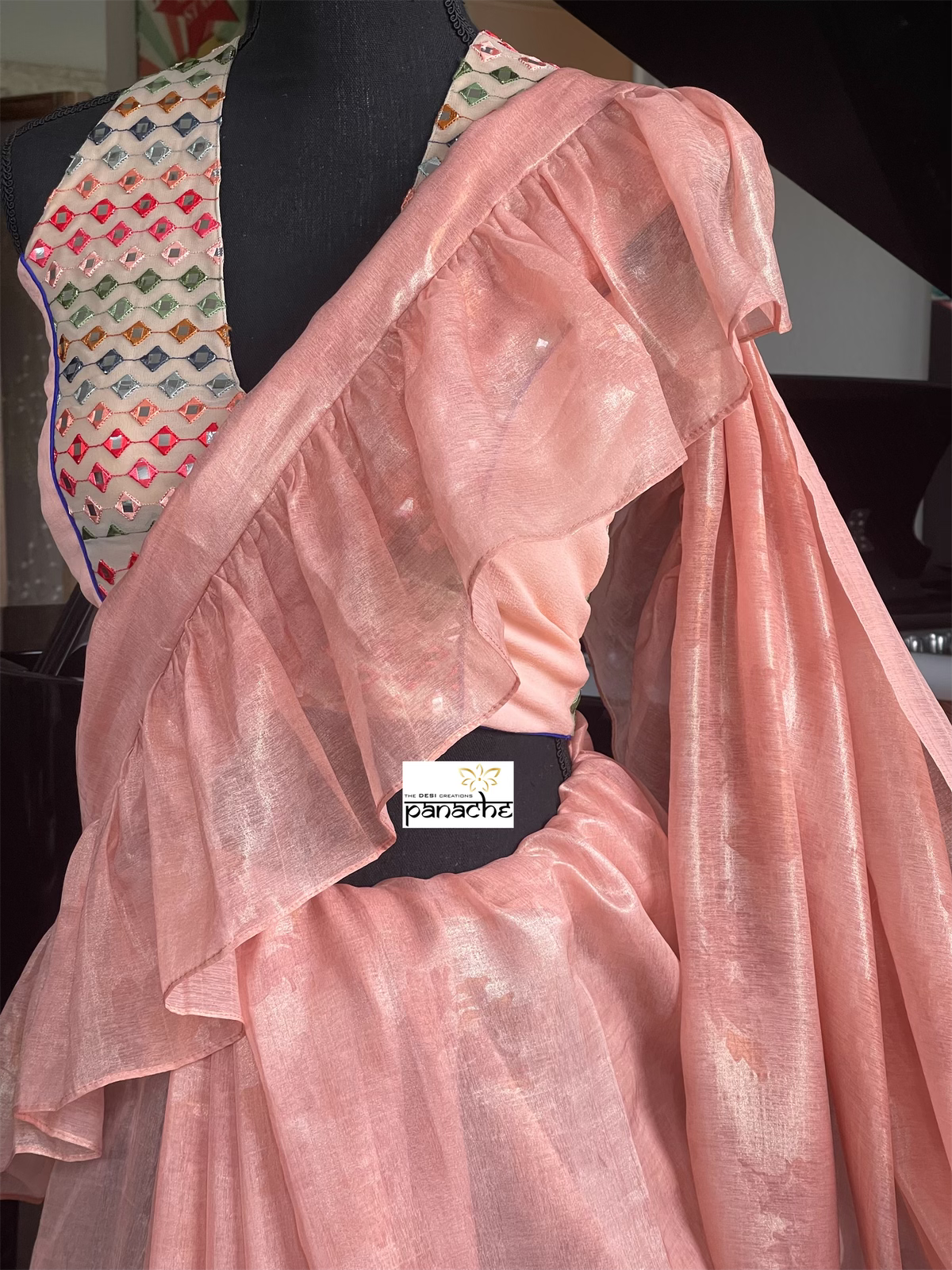 Designer Chiffon Silk - Peach Frill Saree