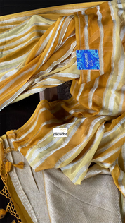 Khaddi Georgette Banarasi - Off-White Ochre Yellow Striped
