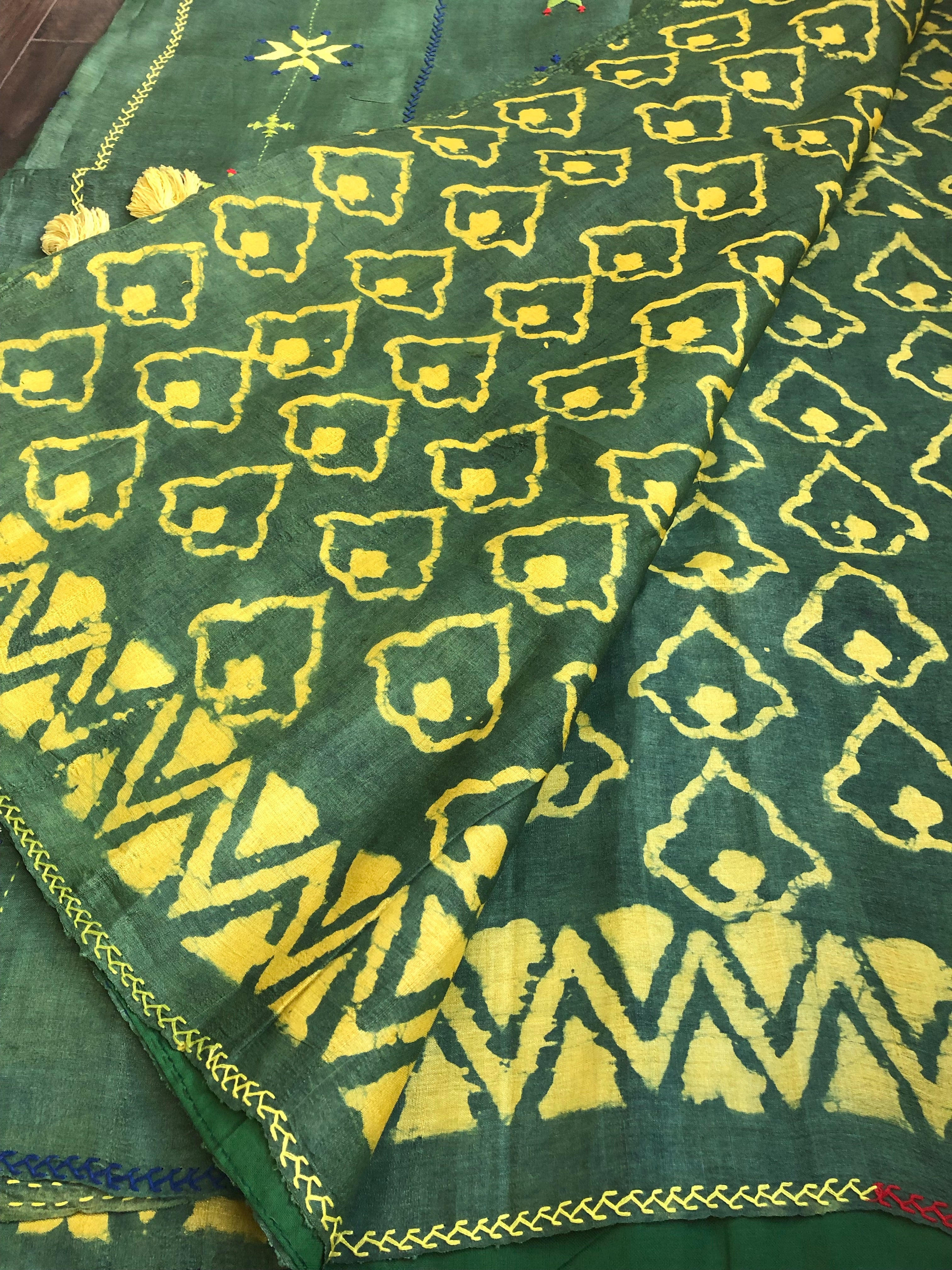Pure Tussar Silk - Bottle Green Yellow Printed Kantha Stitch