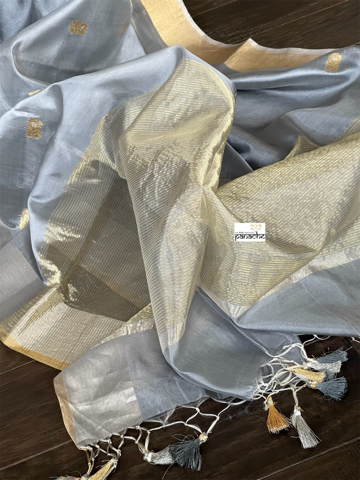 Pure Chanderi Silk - Grey Silver Meenakari