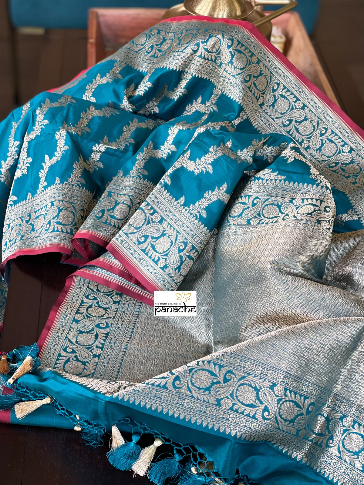 Katan Silk Leheriya Banarasi - Teal Blue Antique Zari