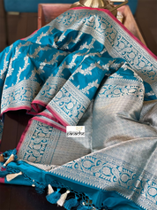 Katan Silk Leheriya Banarasi - Teal Blue Antique Zari