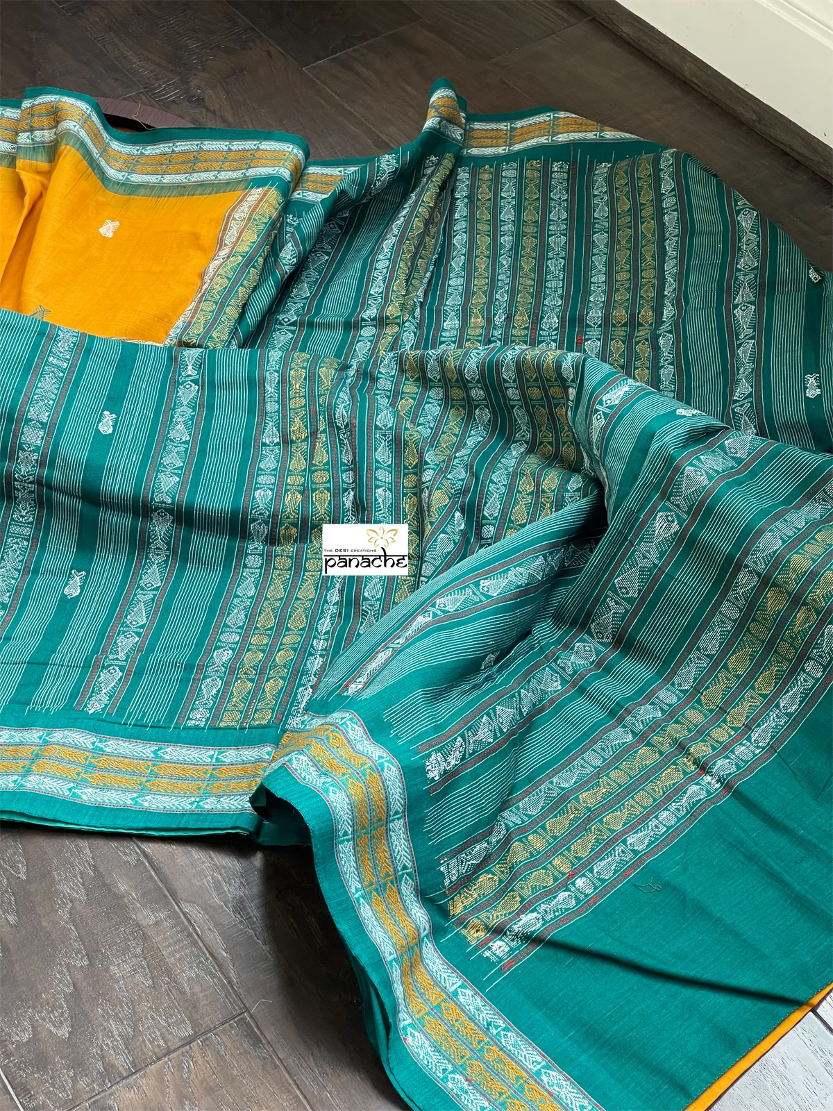 Pure Habaspuri Cotton Handloom - Golden Yellow Teal Green