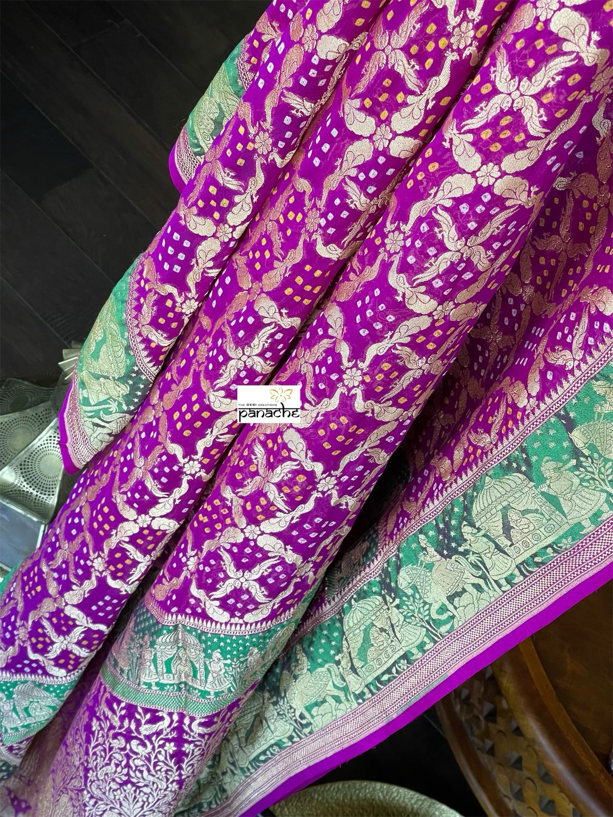 Bandhej Khaddi Georgette Banarasi - Purple Green