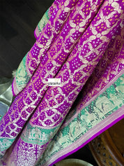 Bandhej Khaddi Georgette Banarasi - Purple Green
