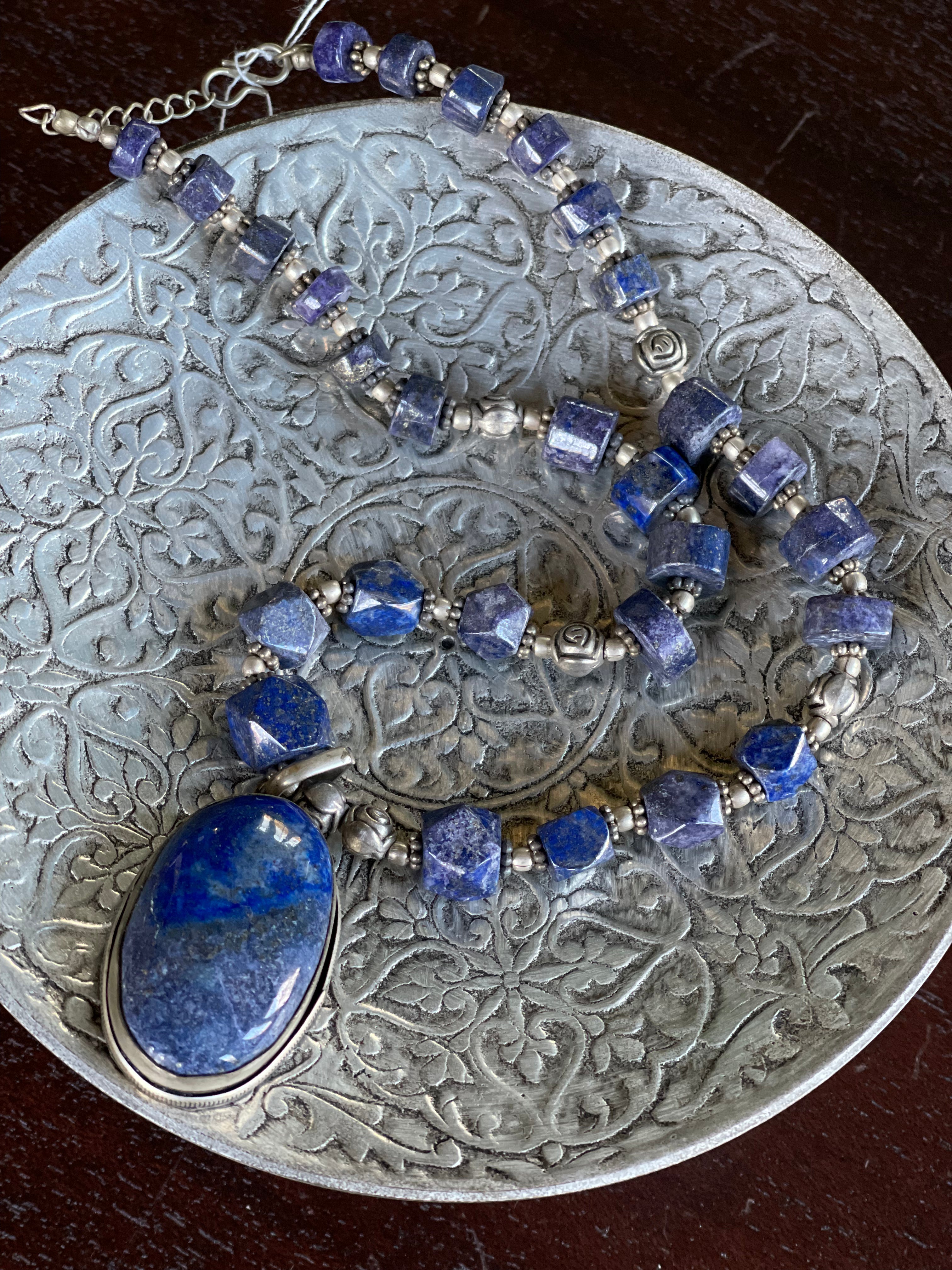 Vintage Jewelry Necklace - German Silver Lapis