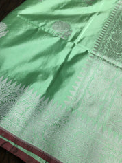 Katan Silk Banarasi - Mint Green Khadwa Silver Zari Woven