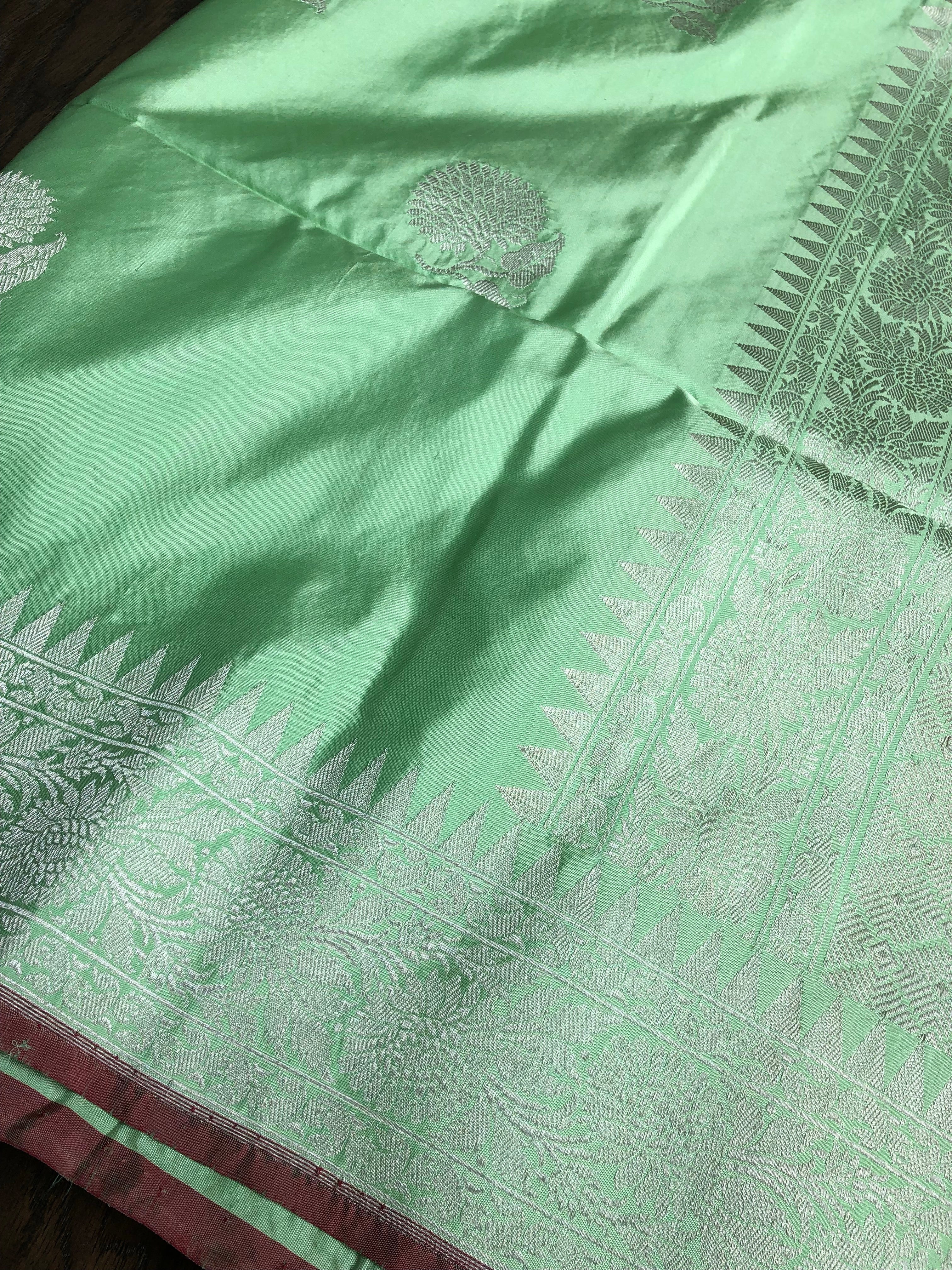 Katan Silk Banarasi - Mint Green Khadwa Silver Zari Woven