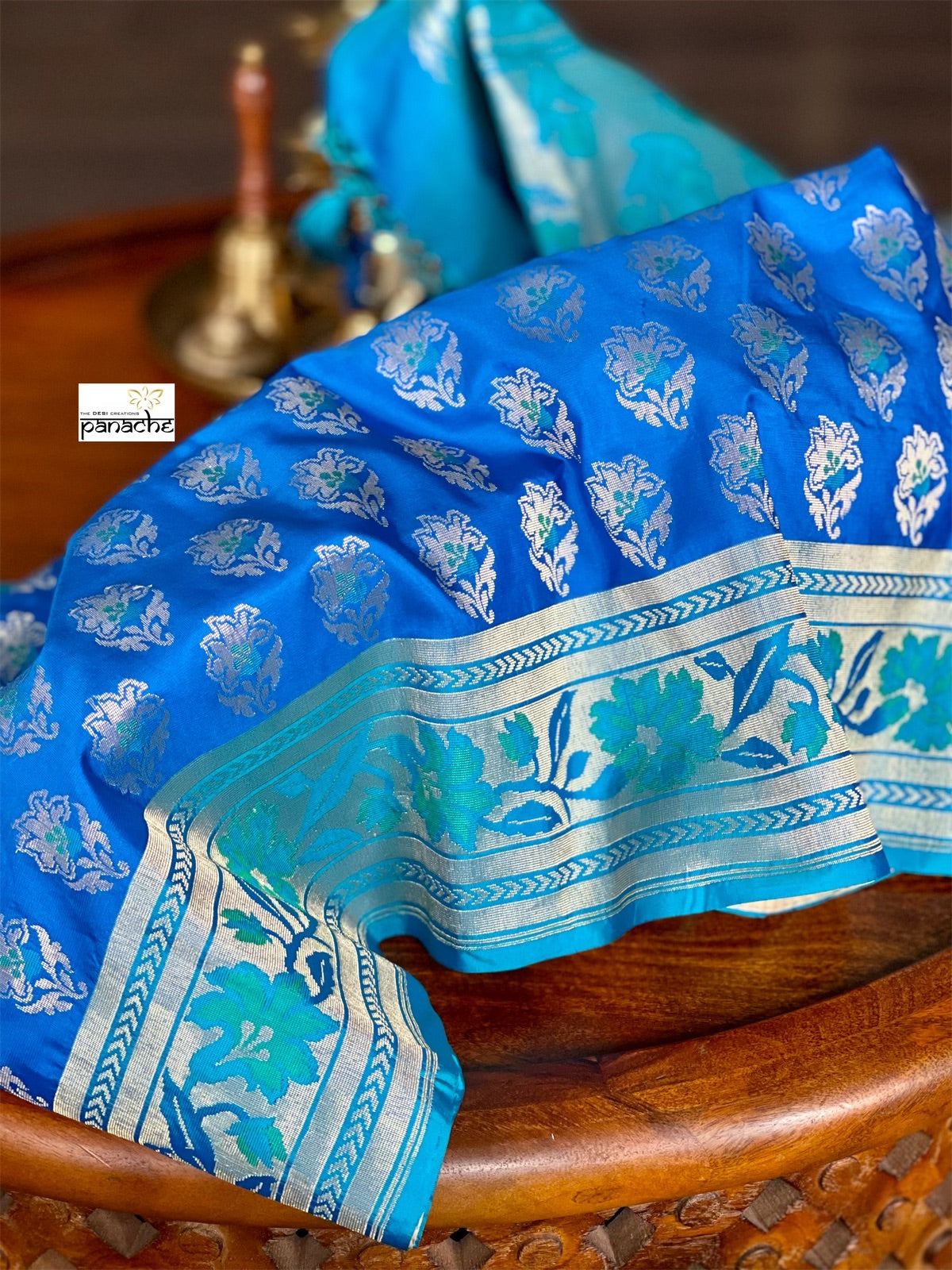 Pure Katan Silk Banarasi - Royal Blue Firozi Antique Zari