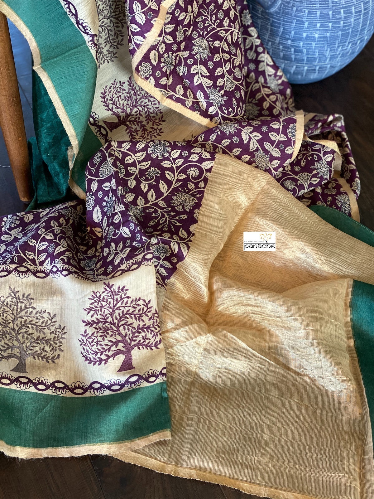 Kalamkari Printed Muga Silk - Purple Teal Embroidered