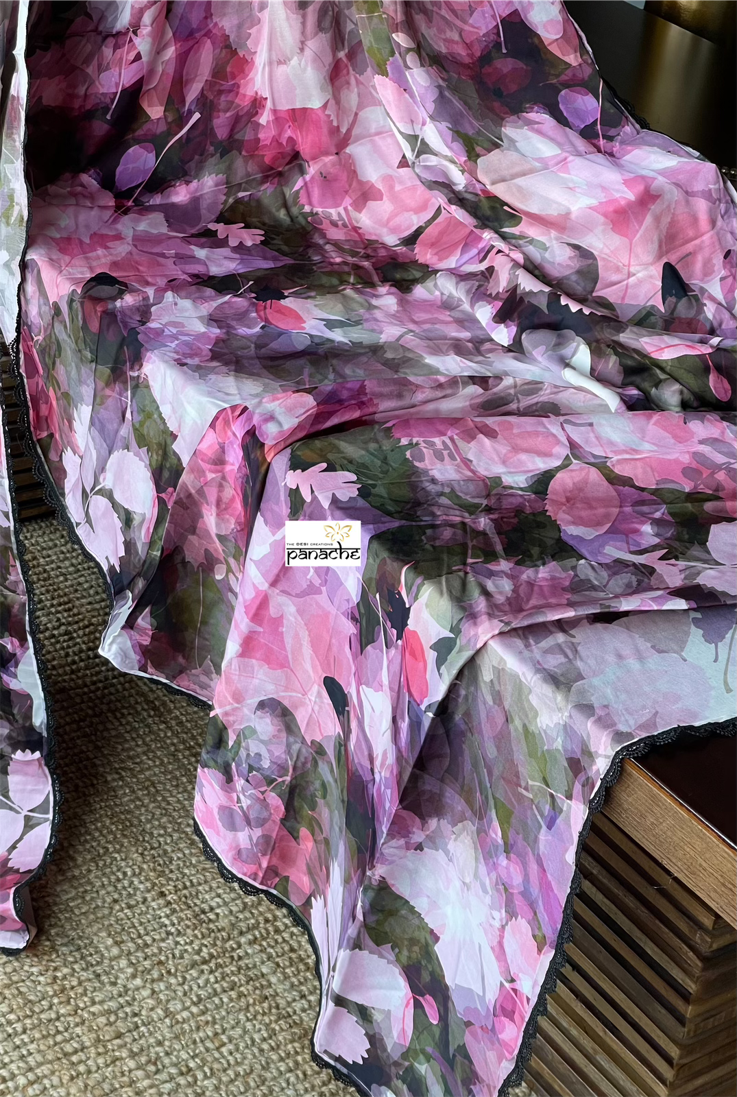 Designer Satin Maslin Silk - Green Pink Shaded Flower