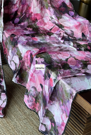 Designer Satin Maslin Silk - Green Pink Shaded Flower