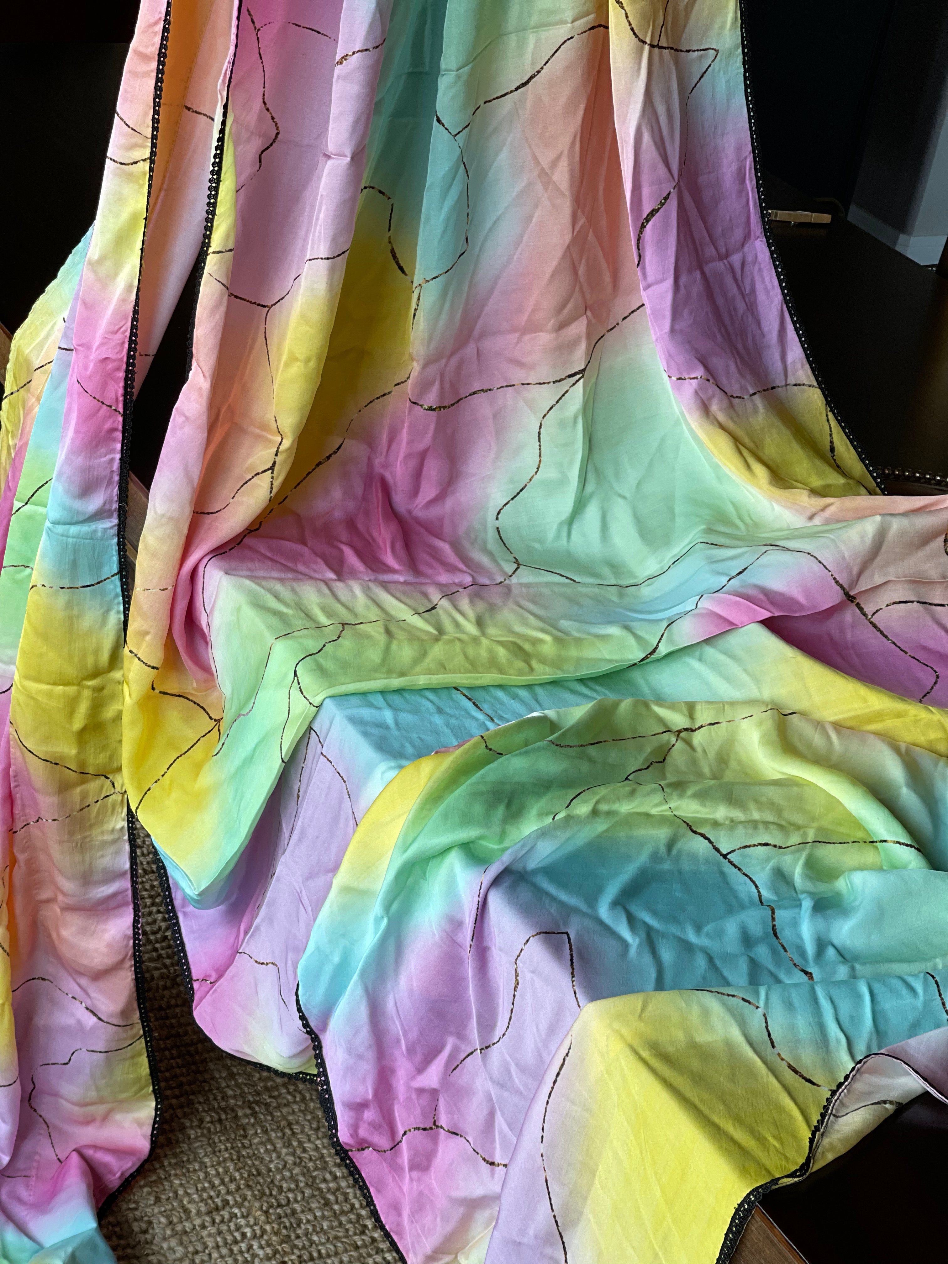 Designer Satin Maslin Silk - Yellow Pink Shaded