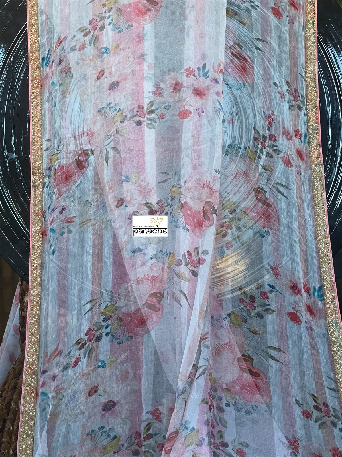 Designer Georgette Striped - Pink Floral