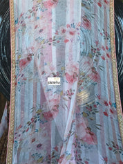 Designer Georgette Striped - Pink Floral