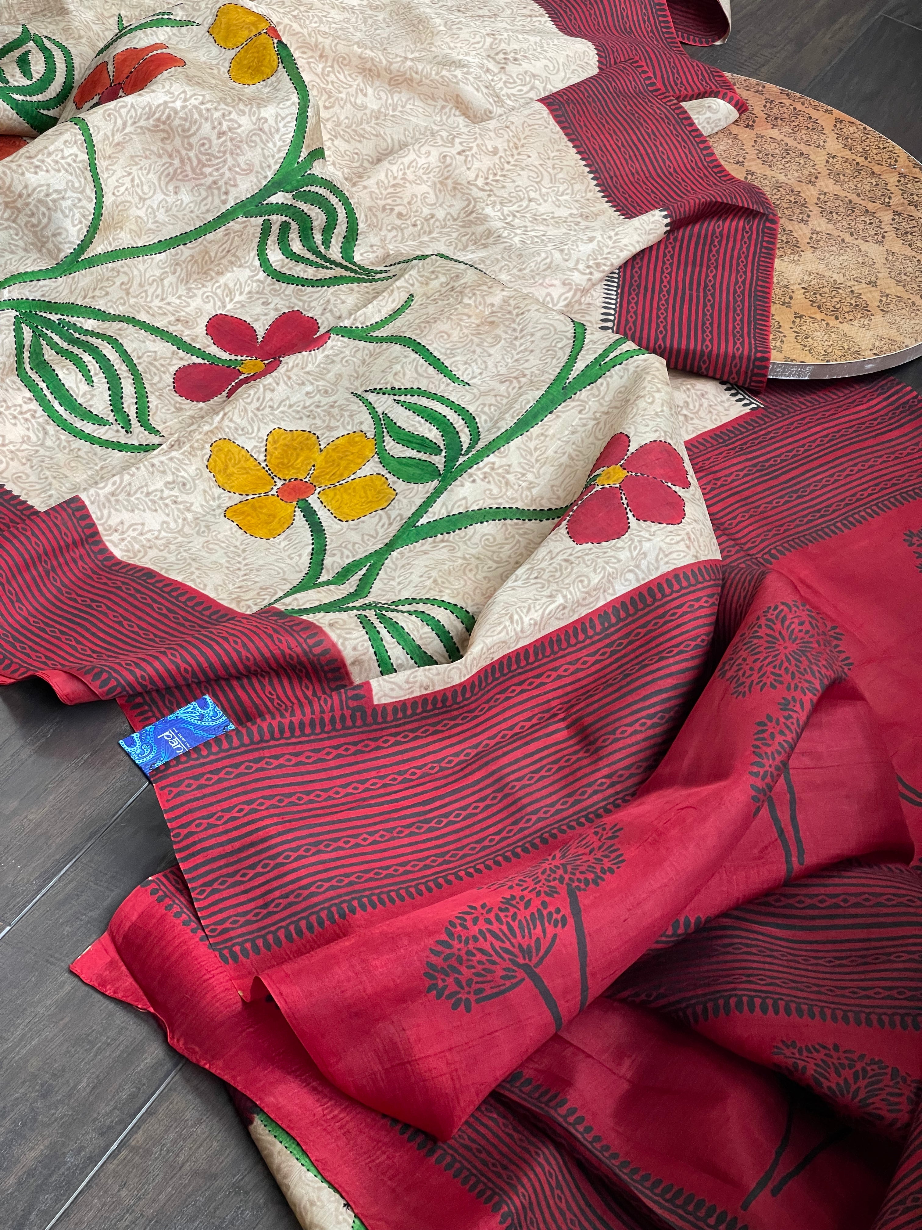 Pure Tussar Silk - Beige Red Black