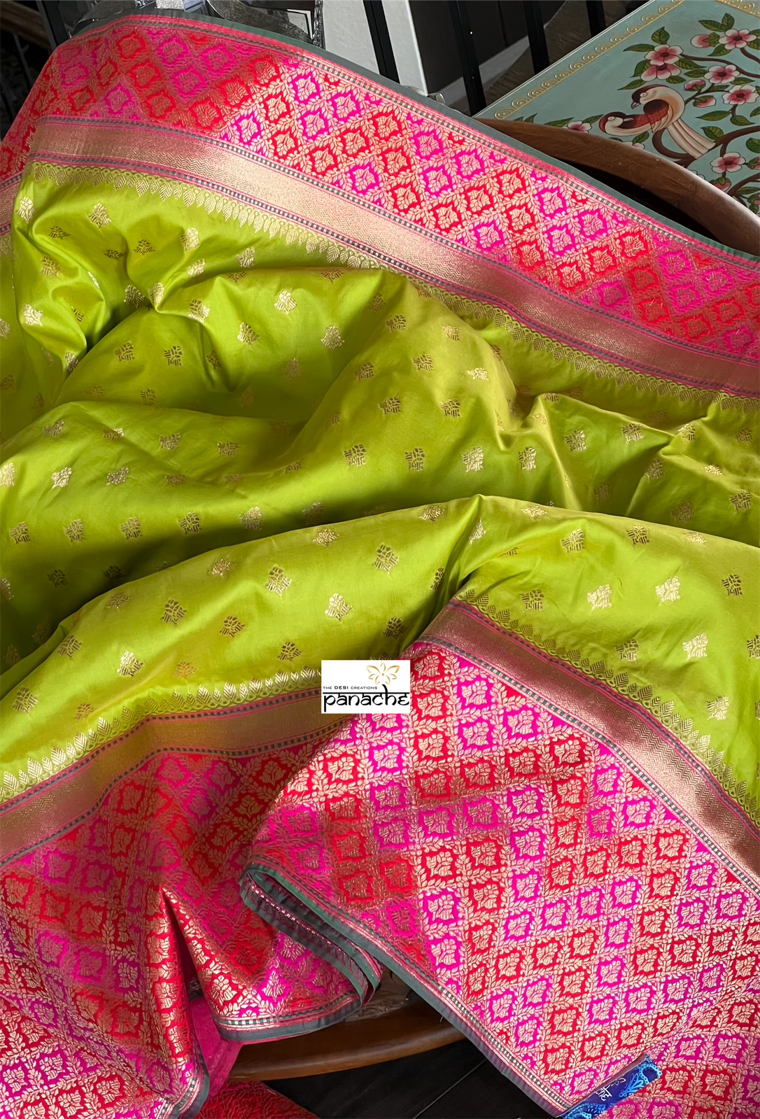 Soft Silk Banarasi - Lime Green Magenta Antique Golden Zari