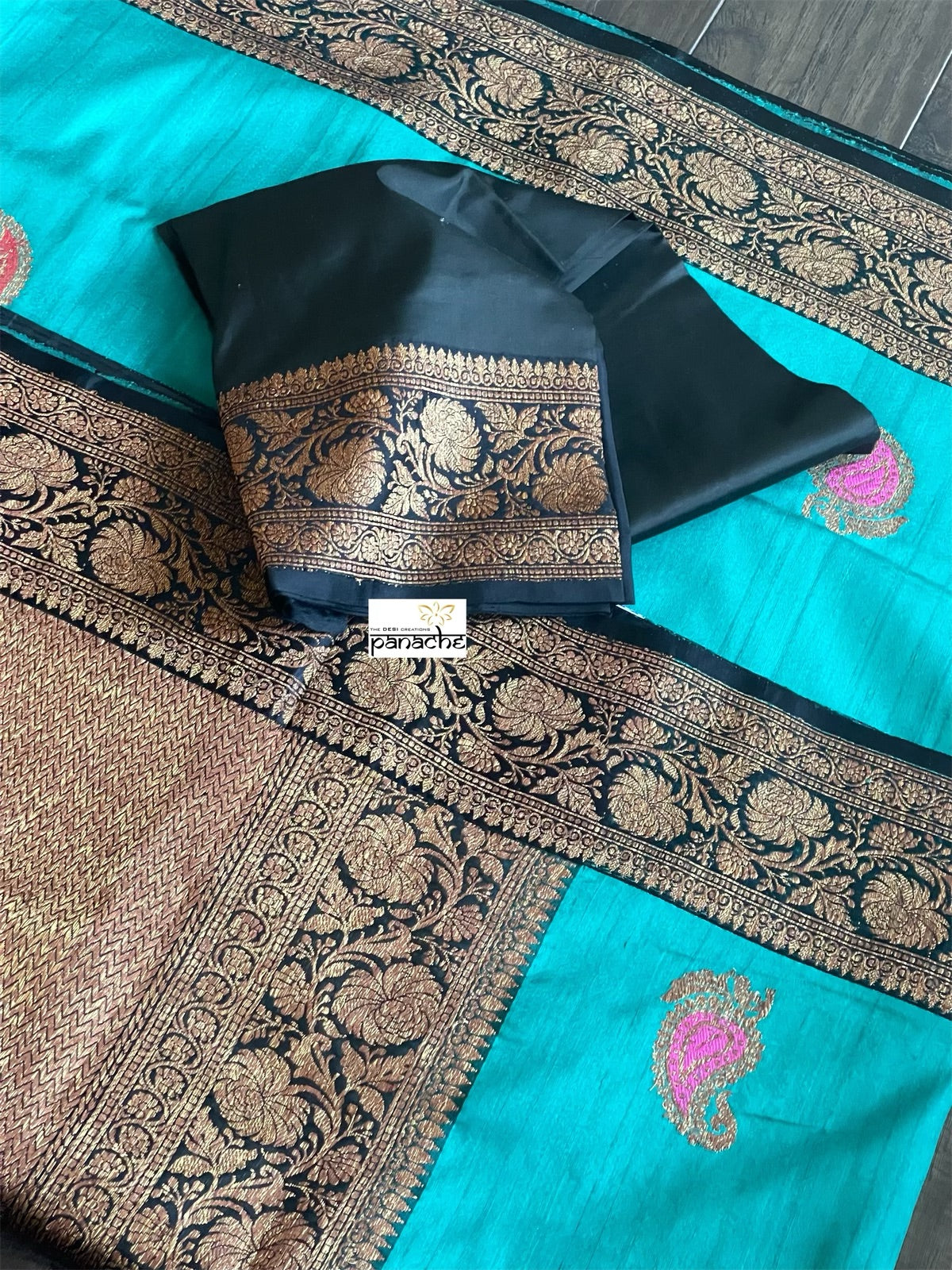 Tussar Silk Banarasi - Firozi Blue Black Meenakari