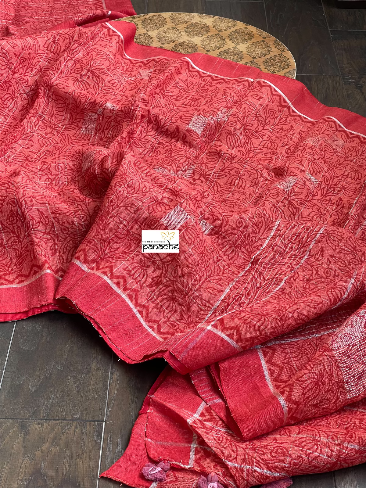 Linen Printed - Red Rust Silver Zari