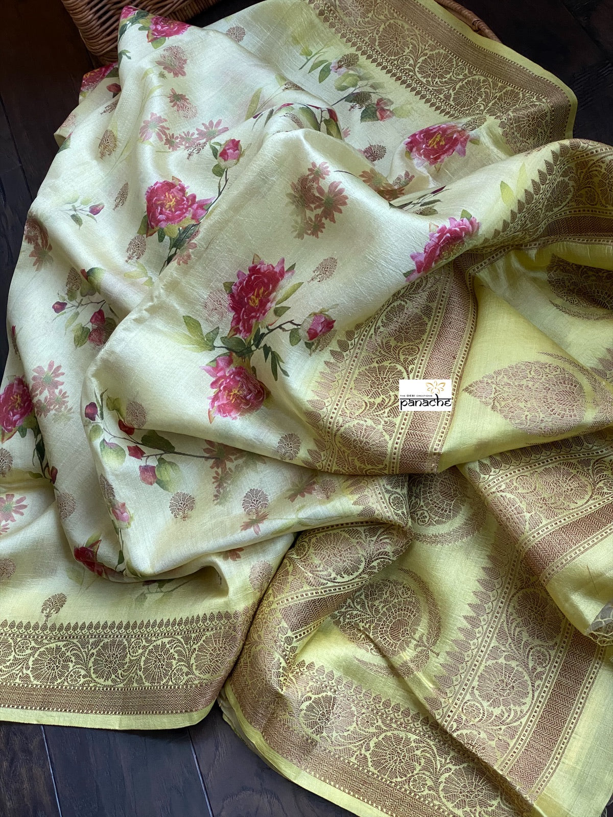 Chiniya Silk Banarasi Floral - Lemon Yellow Golden Zari