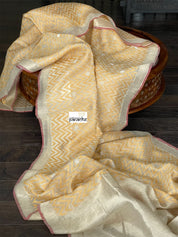 Linen By Kora Silk Banarsi - Off White Yellow Chevron