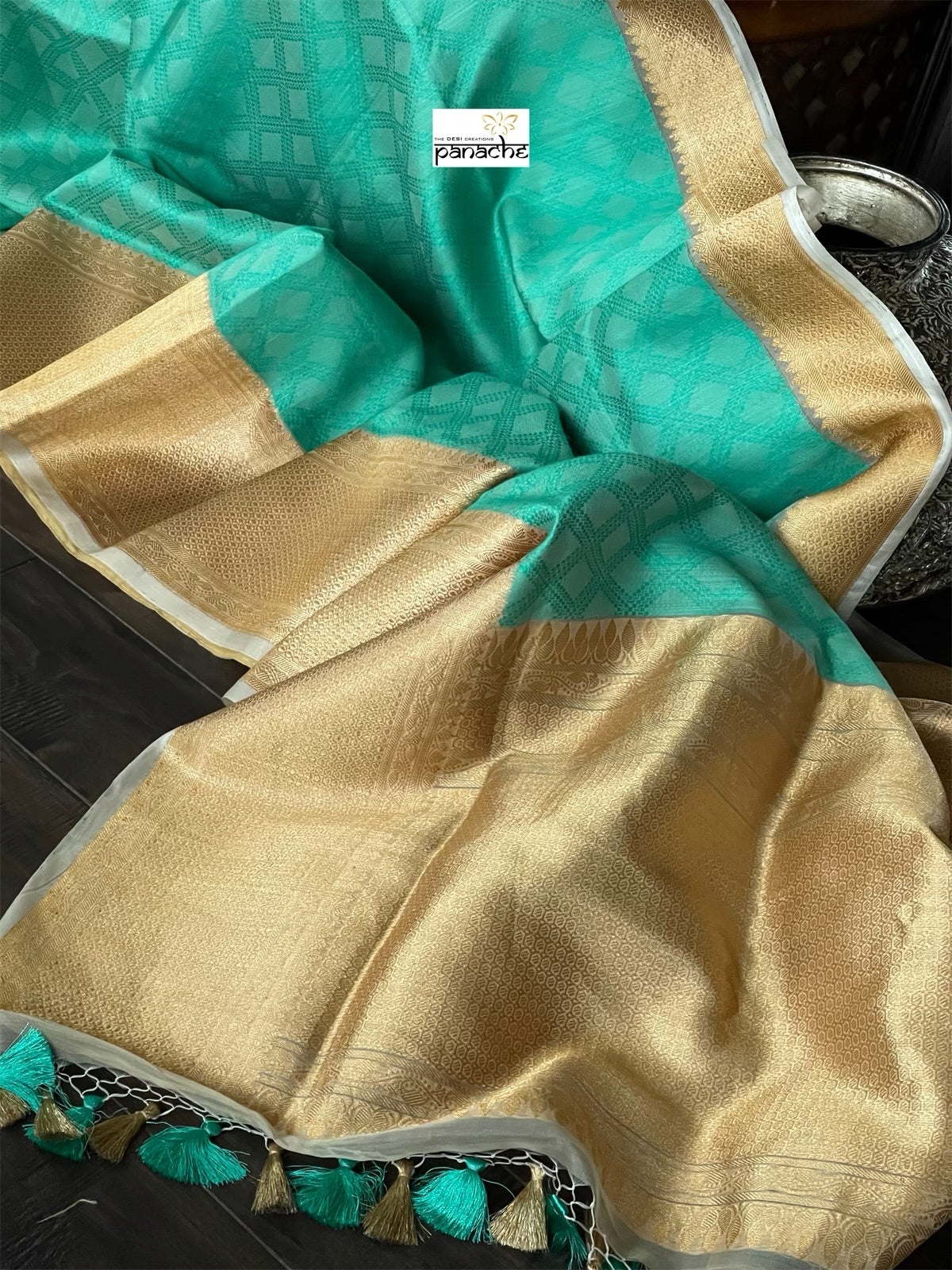 Pure Silk Banarasi - Sea Green Beige Antique Golden Zari