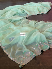 Designer Satin Organza - Mint Hand Embroidered