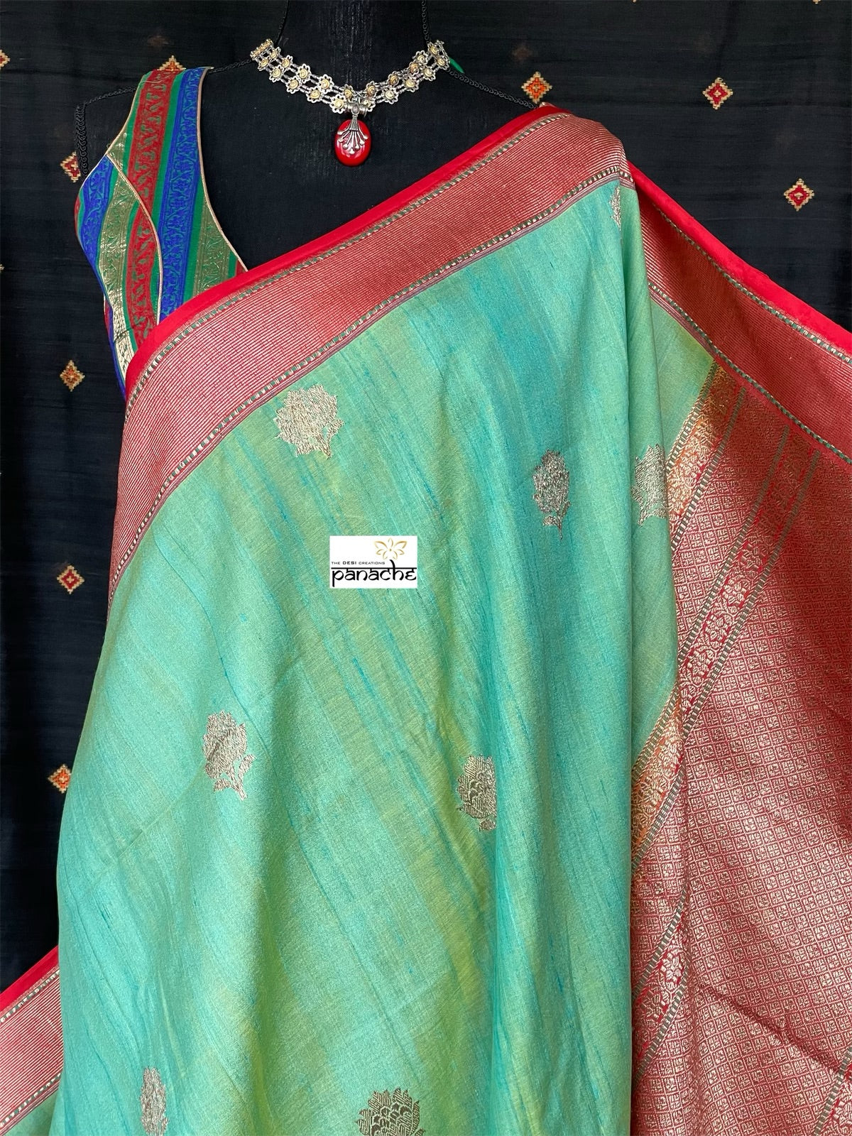 Pure Tassur Silk Banarasi - Sea Green Red