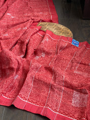 Linen Printed - Red Rust Silver Zari